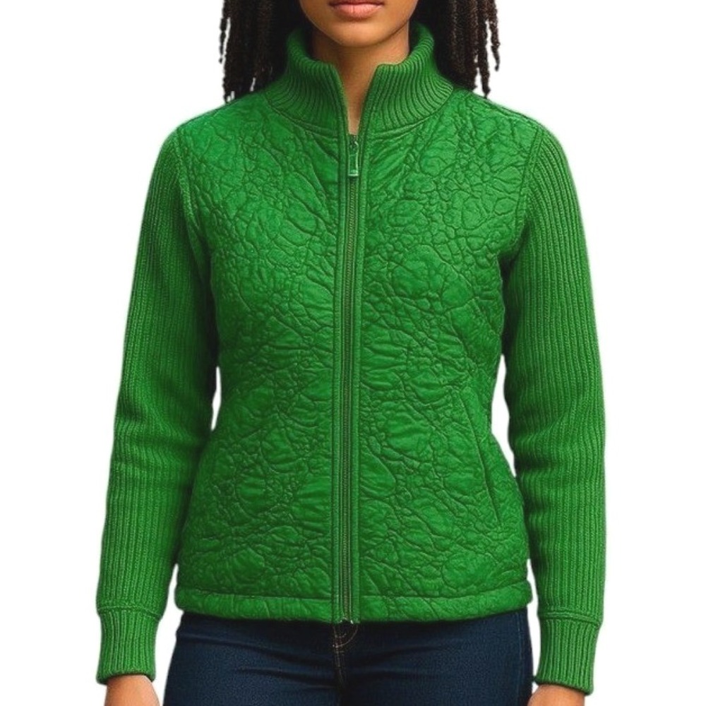 PETER MARTIN JACKET Sweater Knit & Quilted Crinkle FULL ZIP Cardigan Green XL